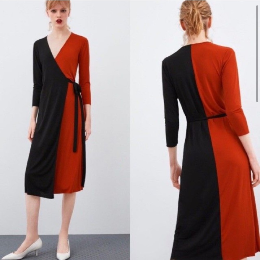 Zara Colorblock Wrap Dress in Black and Rust